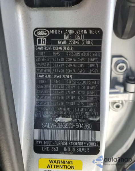 2012 Land Rover Range Rover Evoque Pure Plus from USA, damaged, VIN SALVR2BG9CH604260